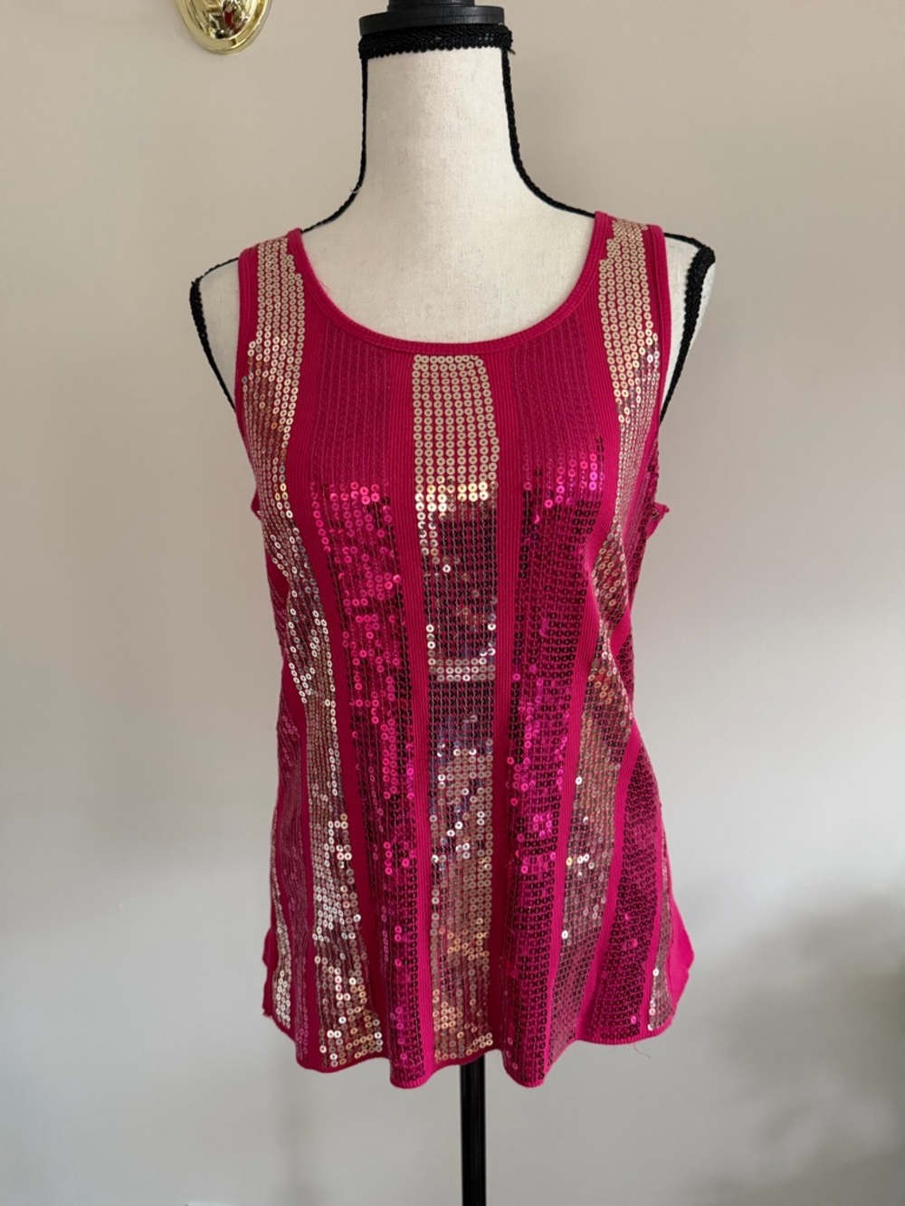 Fuchsia Sequin Stripe Sleeveless Tank Top